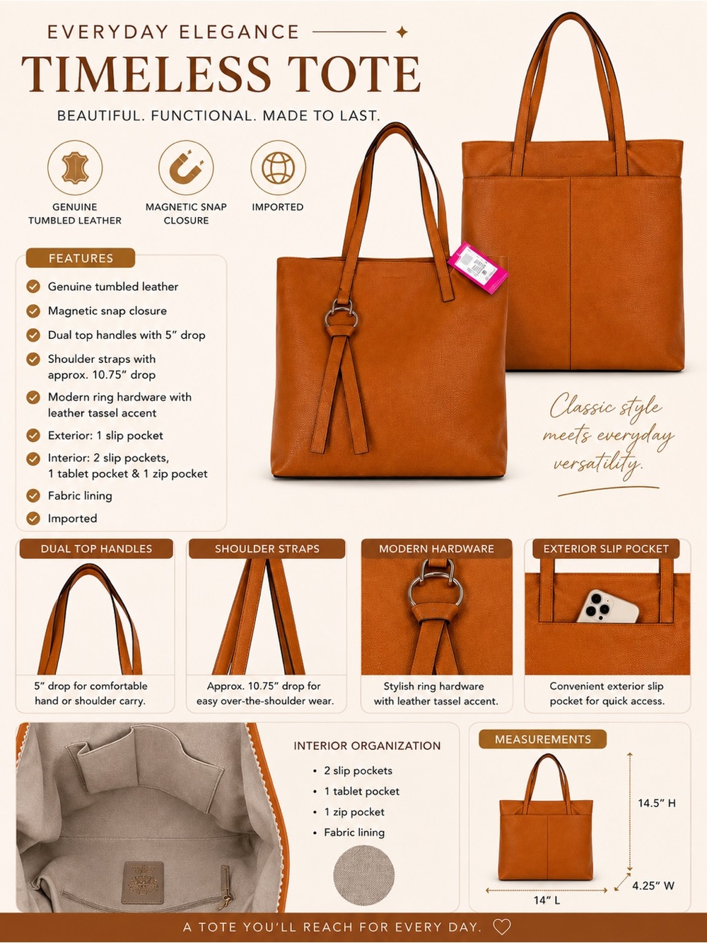 NWT Vince Camuto Plums Tumbled Leather Tote Bag Cognac Brown